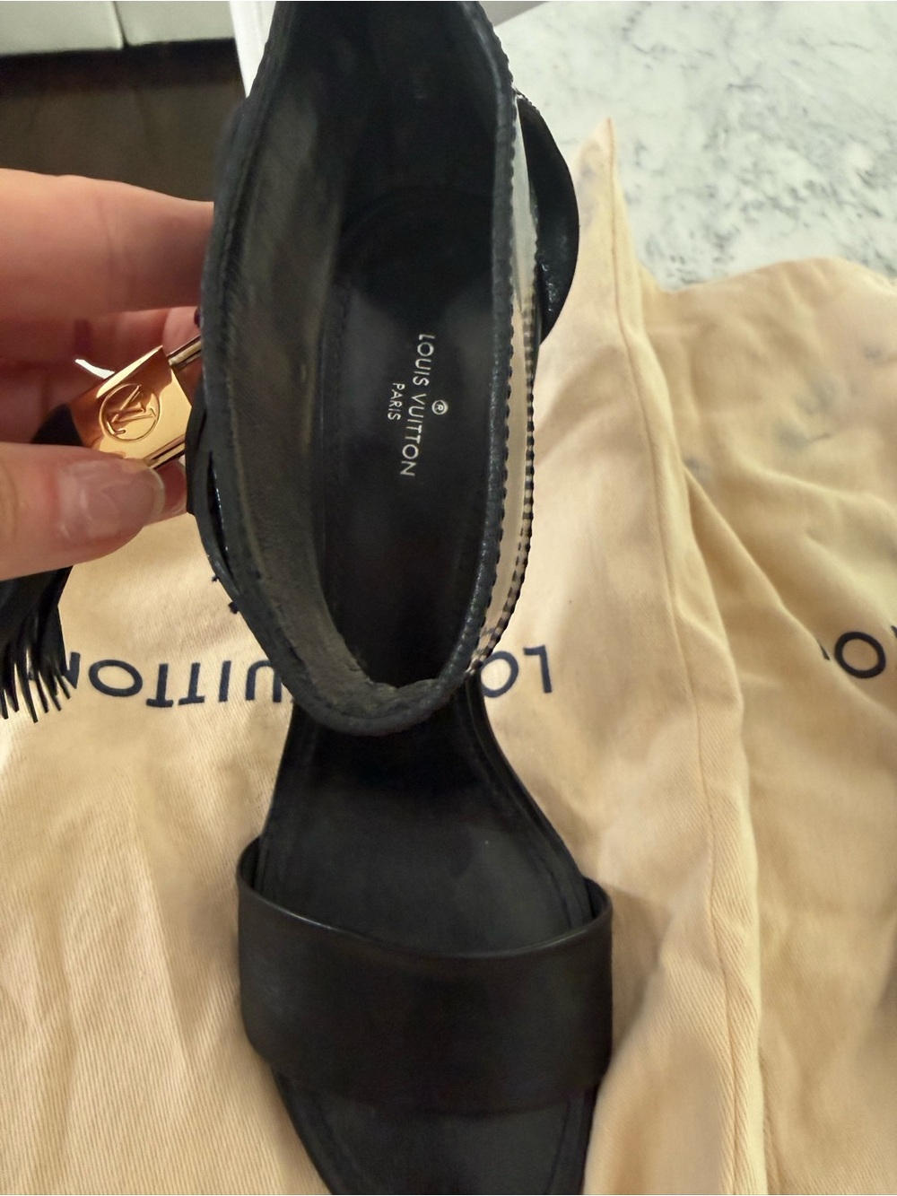 Louis Vuitton Black Leather Tassel Padlock Ankle-Strap Heels - Picture 4 of 9